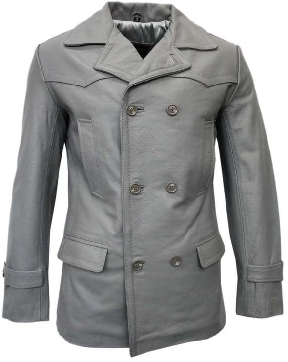 Grey Leather Pea Coat Blazer I62871