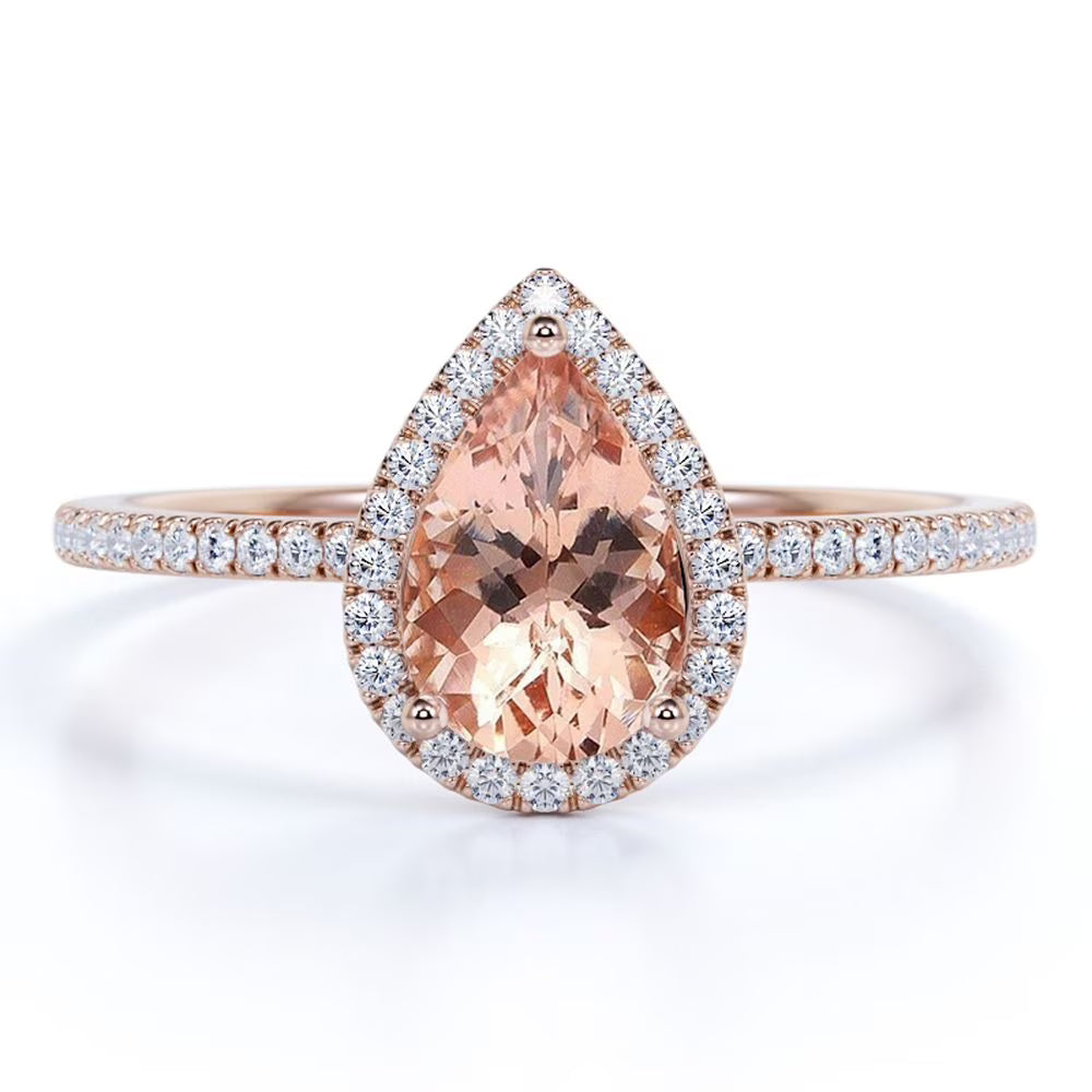 1.75 Carat Pear Cut Lab Created Morganite and Moissanite Halo Engagement Ring in 18K Rose Gold Plating over Silver H954297