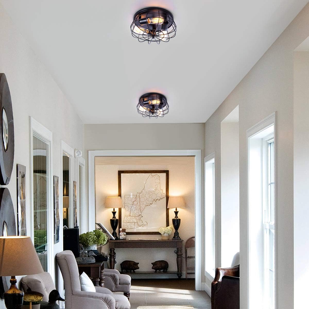 Industrial 3-Light Rustic Semi Flush Mount Ceiling Light with Metal Cage H230614