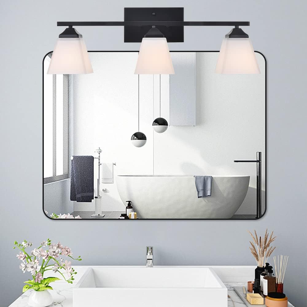 3 Light Black Bathroom Vanity Light Fixture with Opal White Glass Shade H6042