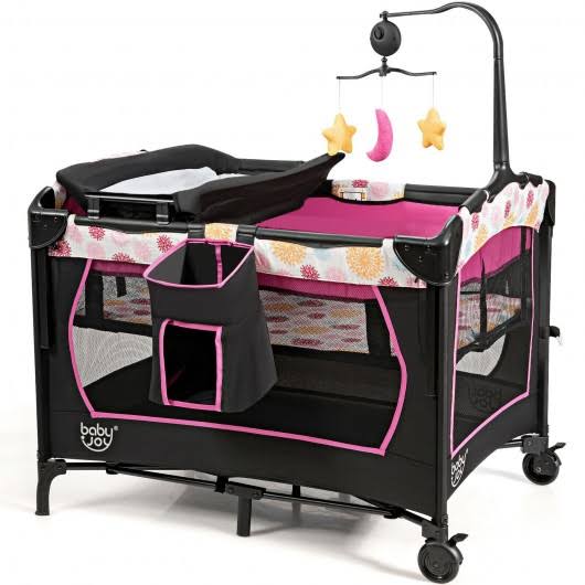 Pink Convertible Portable Baby Playard with Music Box Wheel and Brakes C84357