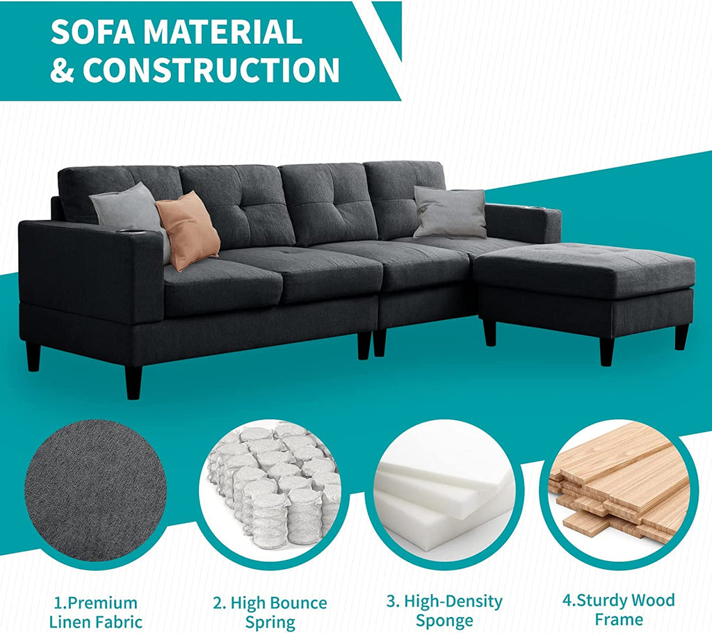 Reversible 4 Seat L-Shape Sectional Sofa with 2 Cup Holders, Dark Grey R586908