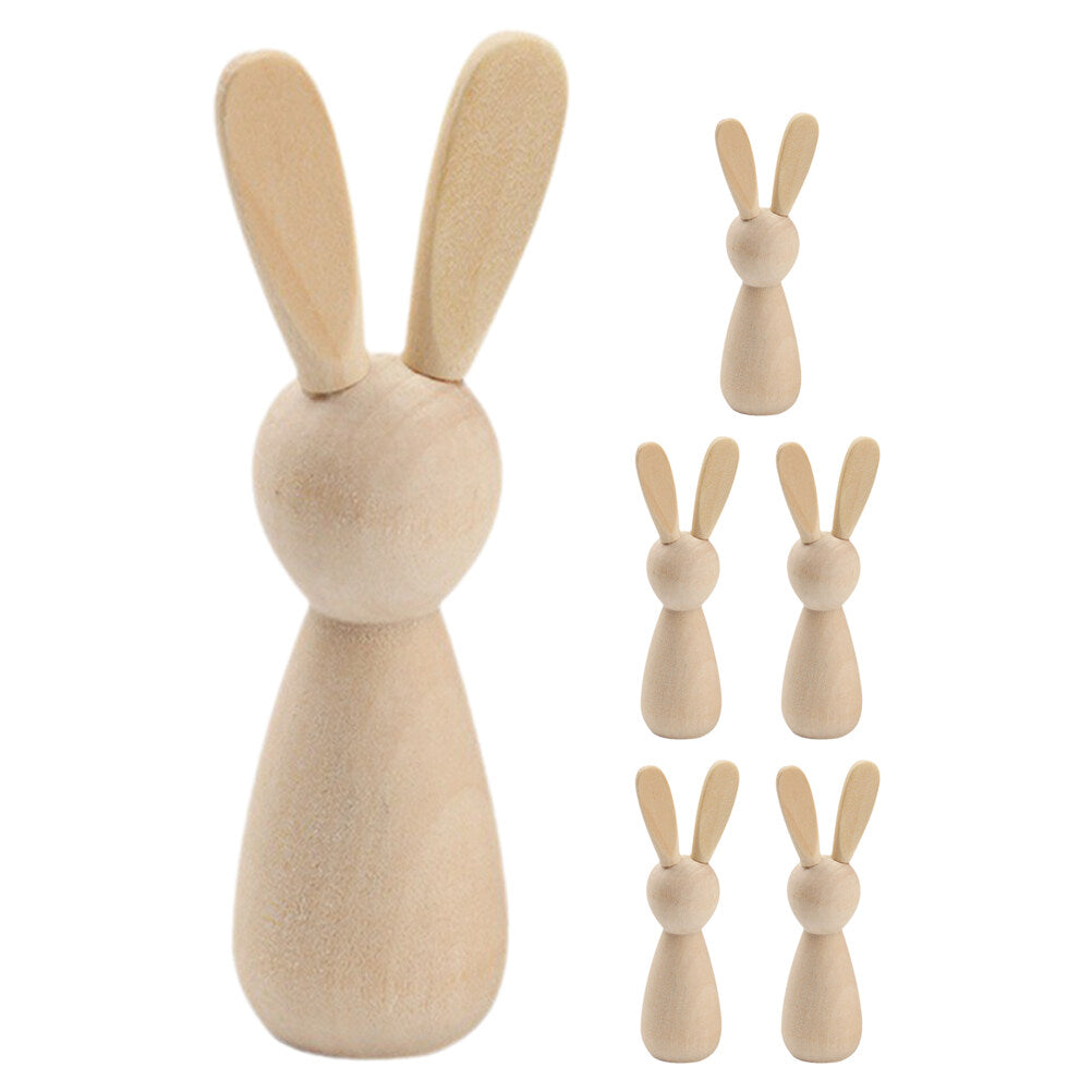 6Pcs Unpainted Natural Wooden Bunny Dolls T52838