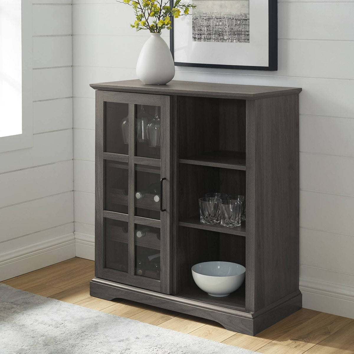 Gray Sliding Window Pane Door Bar Cabinet J6354