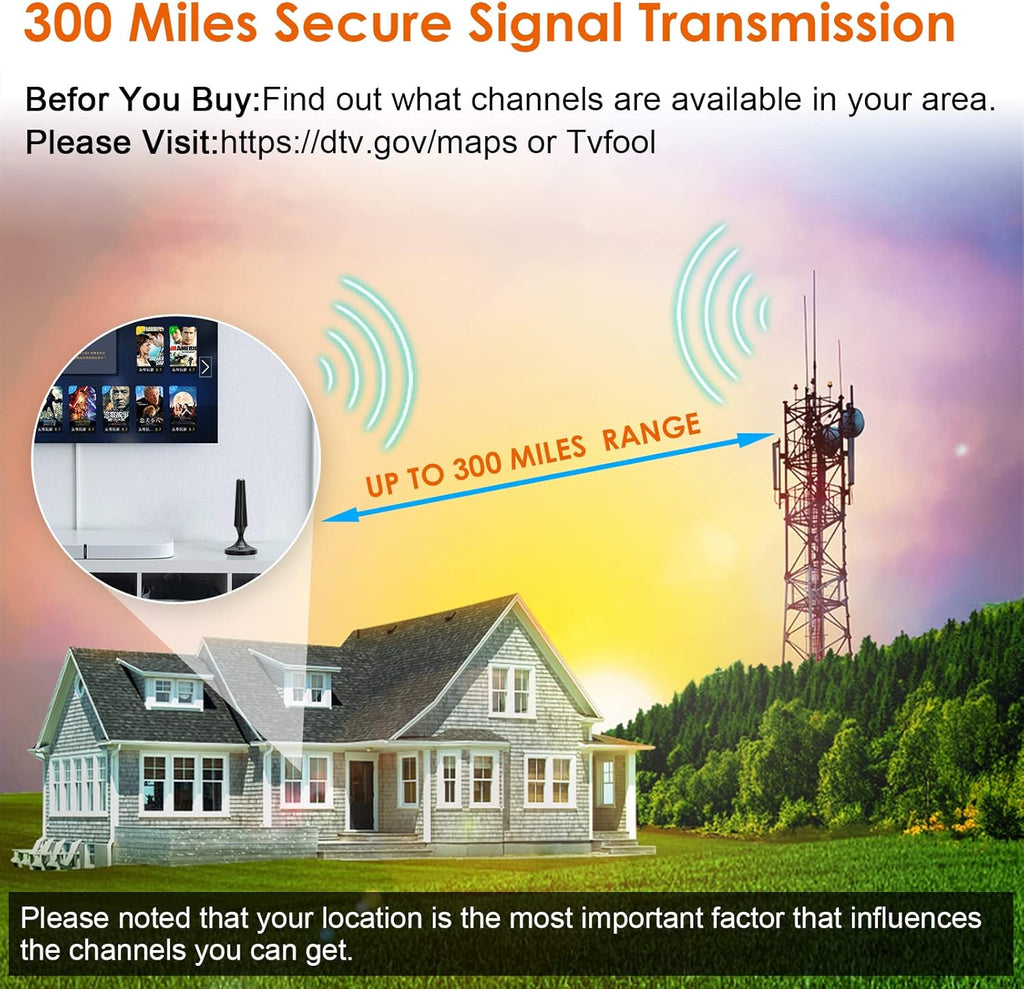 Indoor Amplified HDTV Antenna 300 Miles 4K 1080P UHF VHF FM with 13.4ft Coax Cable K913543