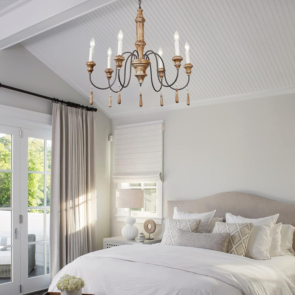 French Country 6-Lights Handmade White Distressed Wood Chandelier D215
