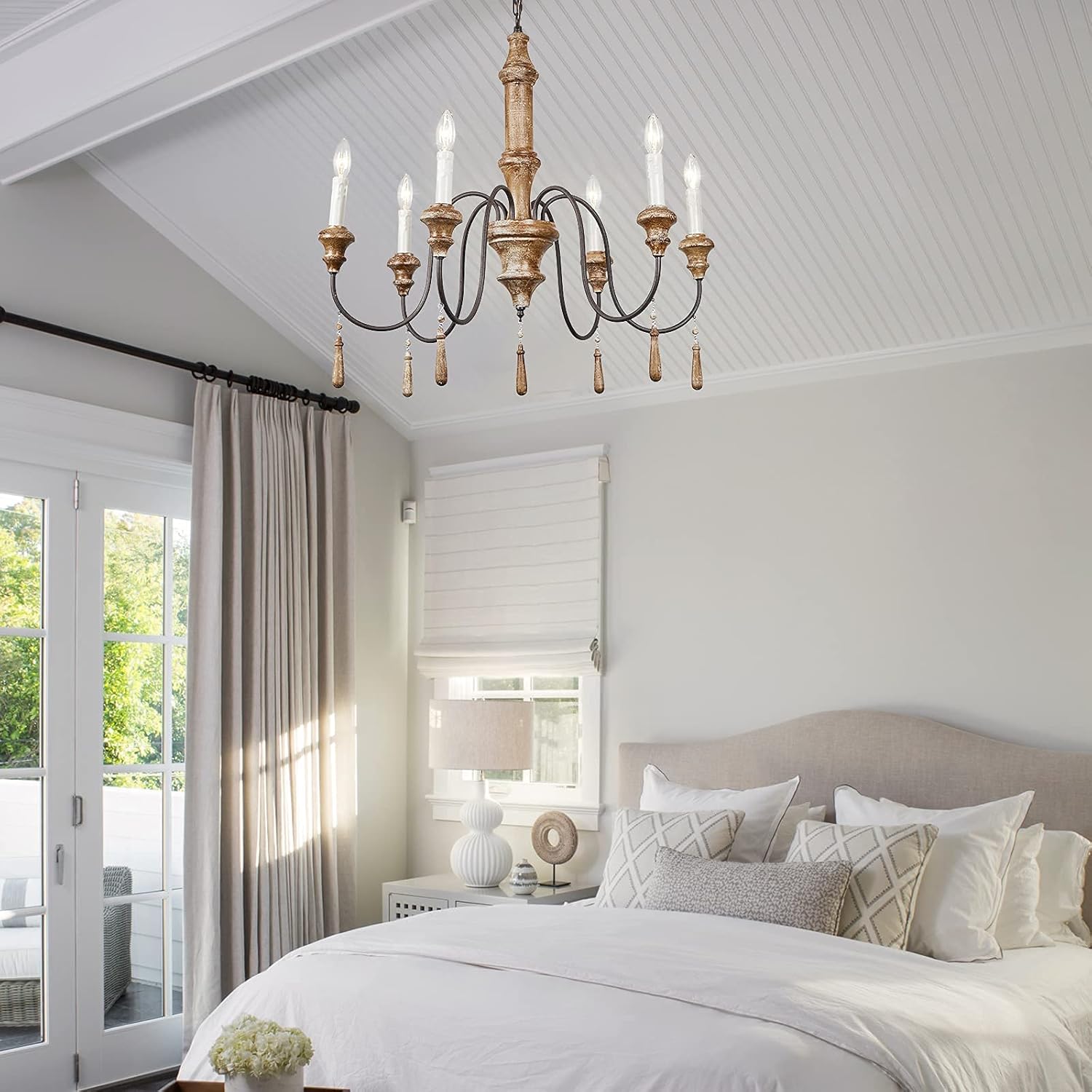 French Country 6-Lights Handmade White Distressed Wood Chandelier D215