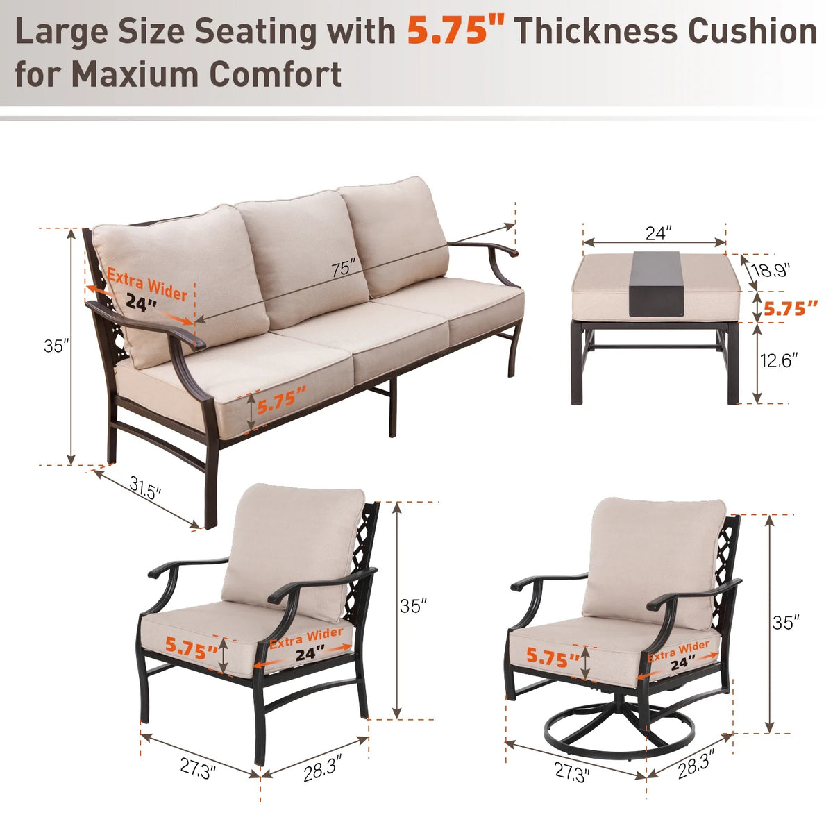 Beige 9-Seater Patio Conversation Set with Swivel Chair Sofa D341
