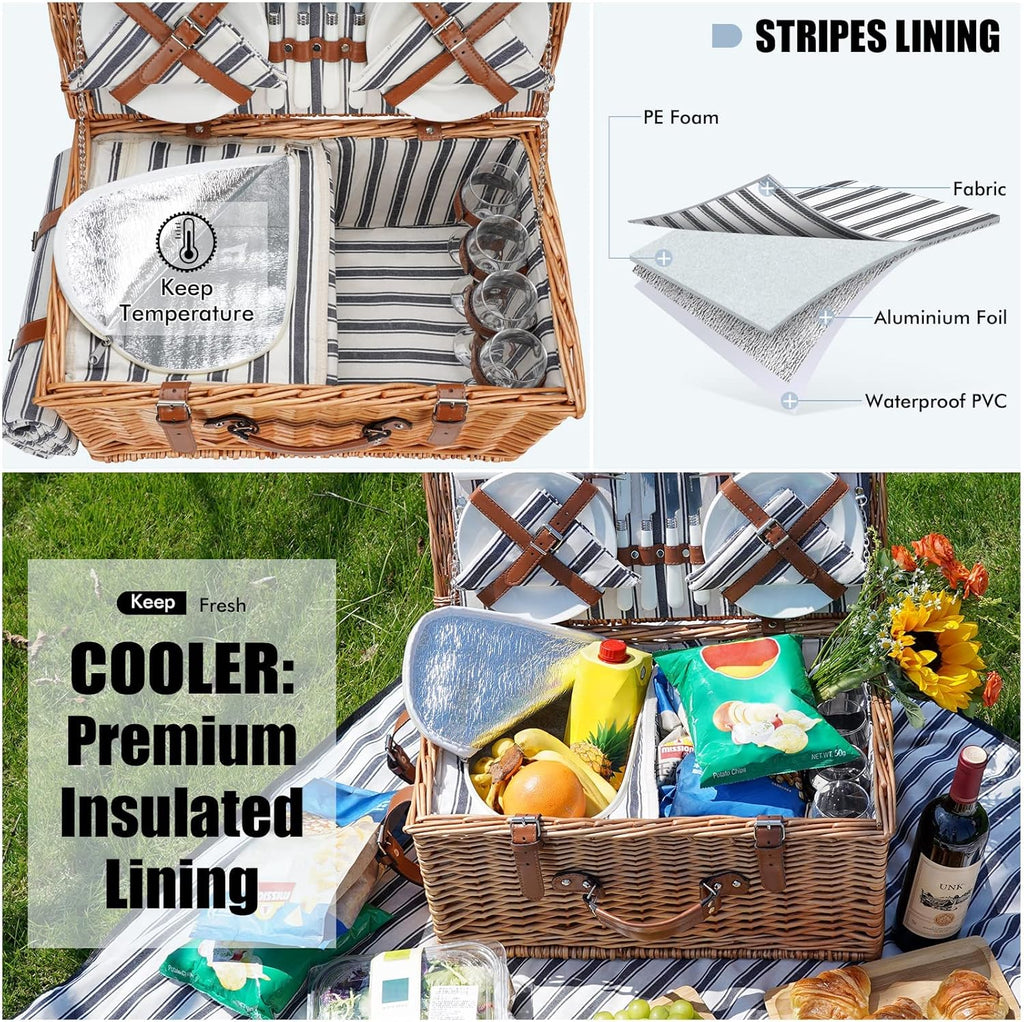 Wicker Picnic Basket Set with Insulated Cooler Bag and Cutlery Service Kit V663