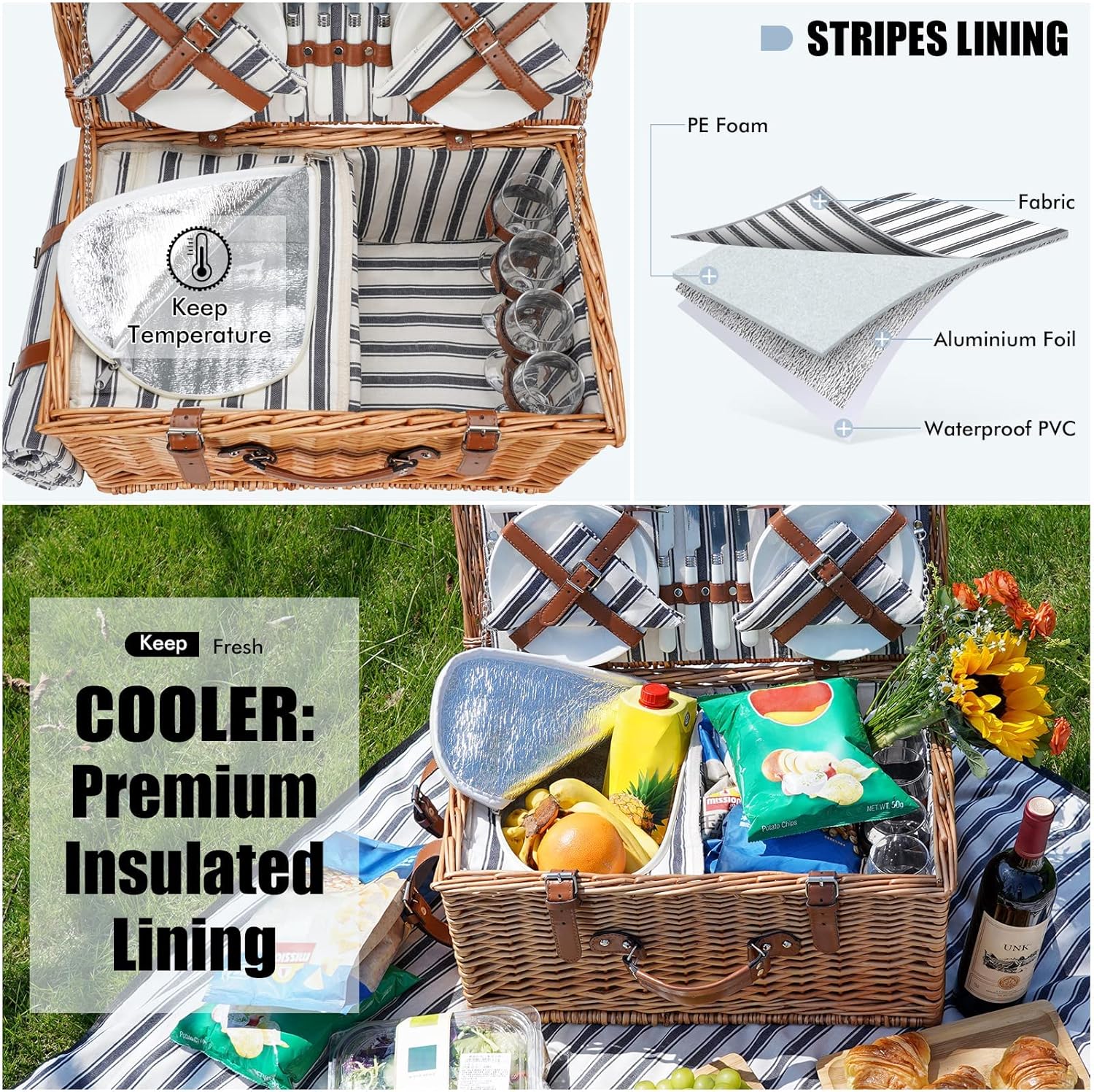 Wicker Picnic Basket Set with Insulated Cooler Bag and Cutlery Service Kit V663