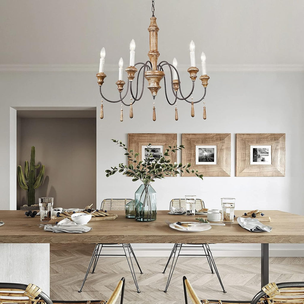 French Country 6-Lights Handmade White Distressed Wood Chandelier D215
