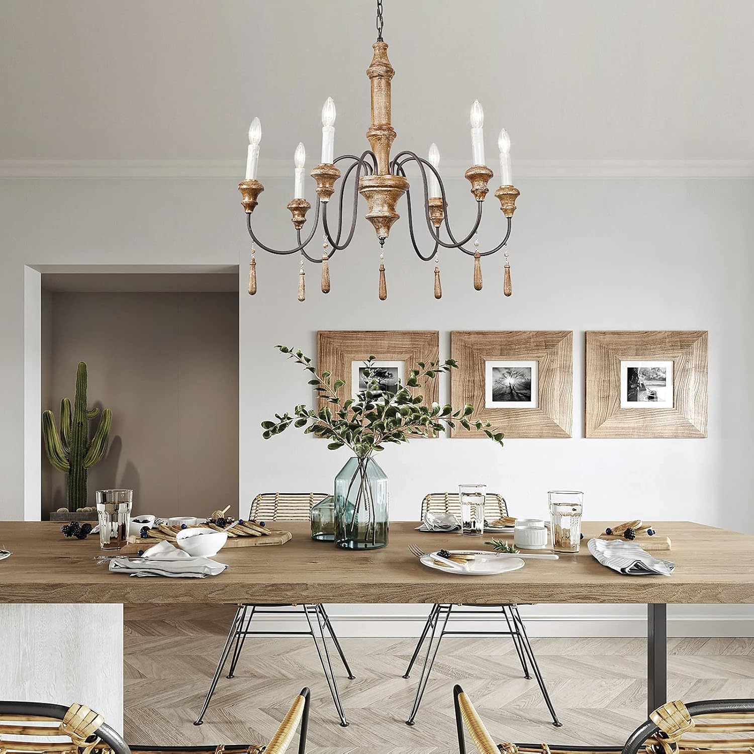 French Country 6-Lights Handmade White Distressed Wood Chandelier D215