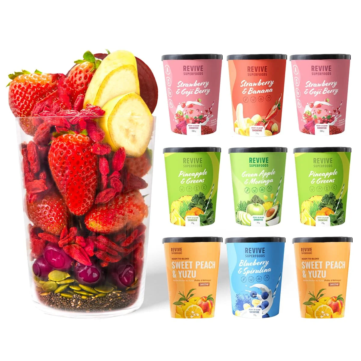 Wellness Bundle 9 Pack with Green Apple & Moringa, Pineapple & Greens X2, Strawberry & Banana, Strawberry & Goji Berry X2, Blueberry & Spirulina, Sweet Peach & Yuzu X2 O7033