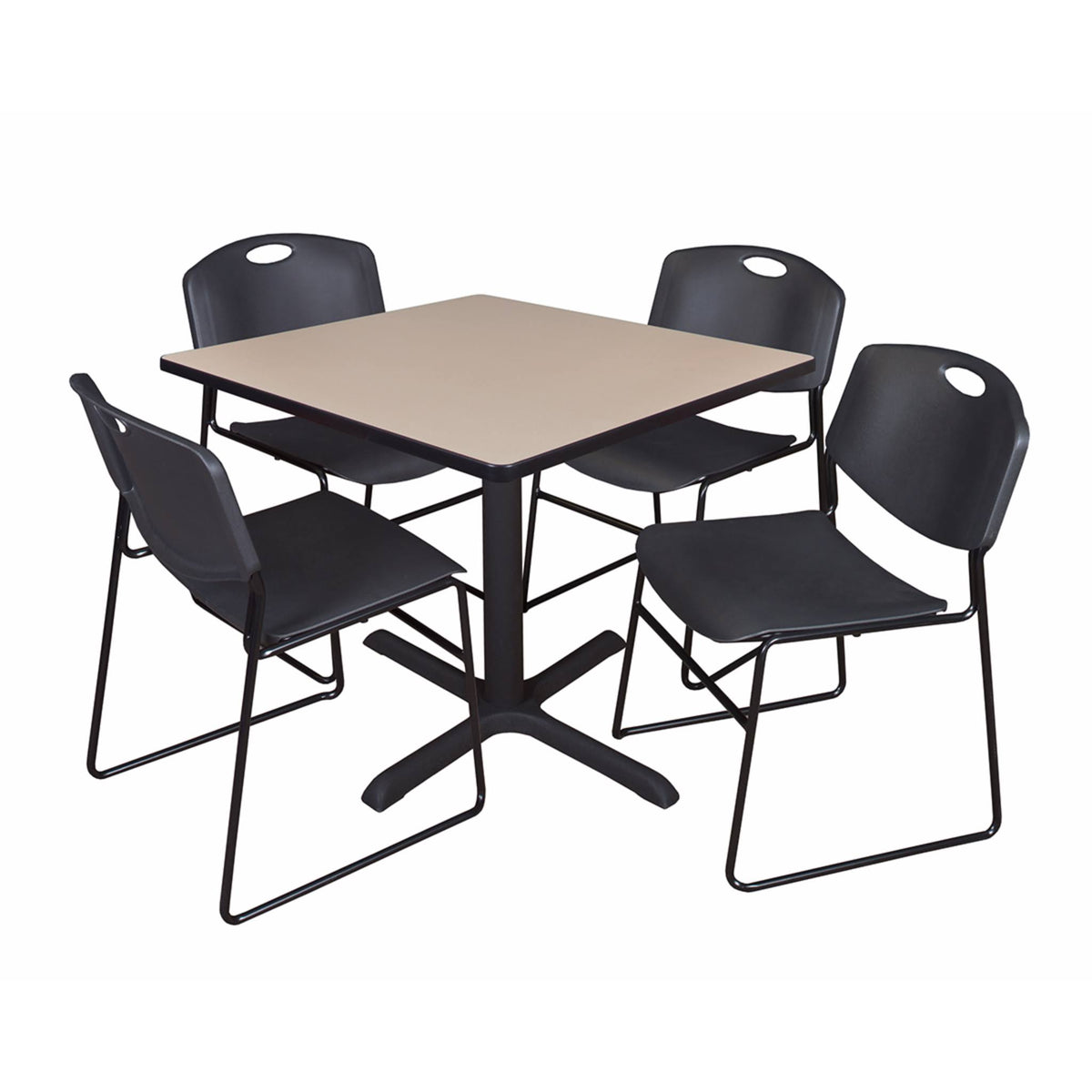 Beige Square Breakroom Table with 4 Black Stack Chairs O6618