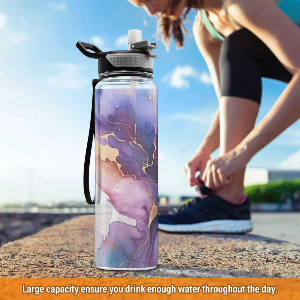 Purple and Blue Marble 32oz Tritan Leakproof Water Bottle with Straw A594