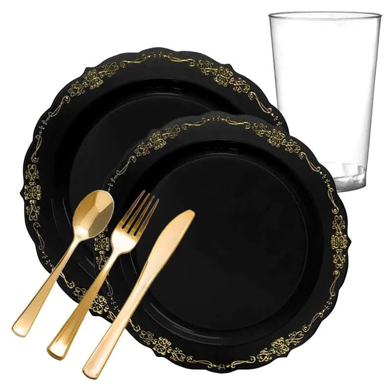 Black with Gold Rim Round Disposable Plastic Wedding Value Set I791325