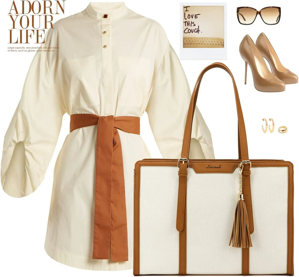 15.6 inch Canvas Laptop Tote Bag with Clutch Purse R114568