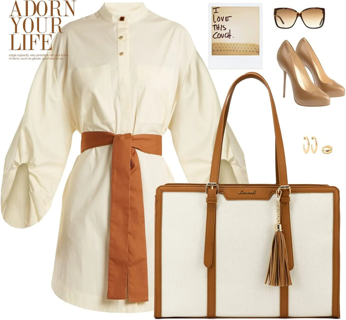 15.6 inch Canvas Laptop Tote Bag with Clutch Purse R114568