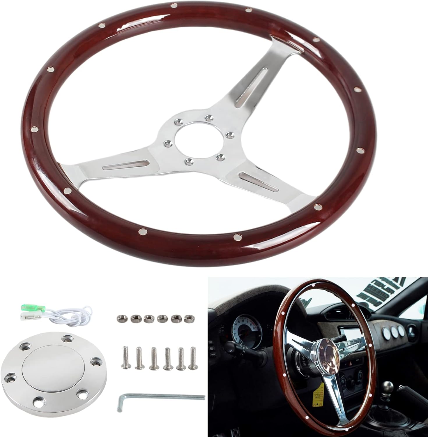 Classic Wood Grain Steering Wheel with Horn Button Kit M4794
