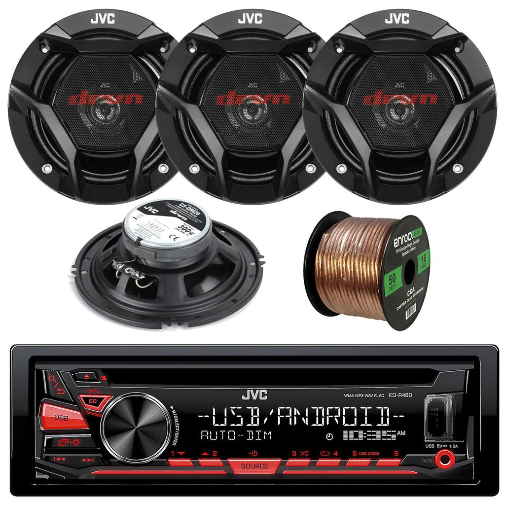 Enrock Automotive Bundle JVC Kd-r480 Single DIN In-Dash CD/AM/FM/USB/AUX Car Stereo Receiver, Enrock Audio 16-Gauge 50 Foot Speaker Wire Y214