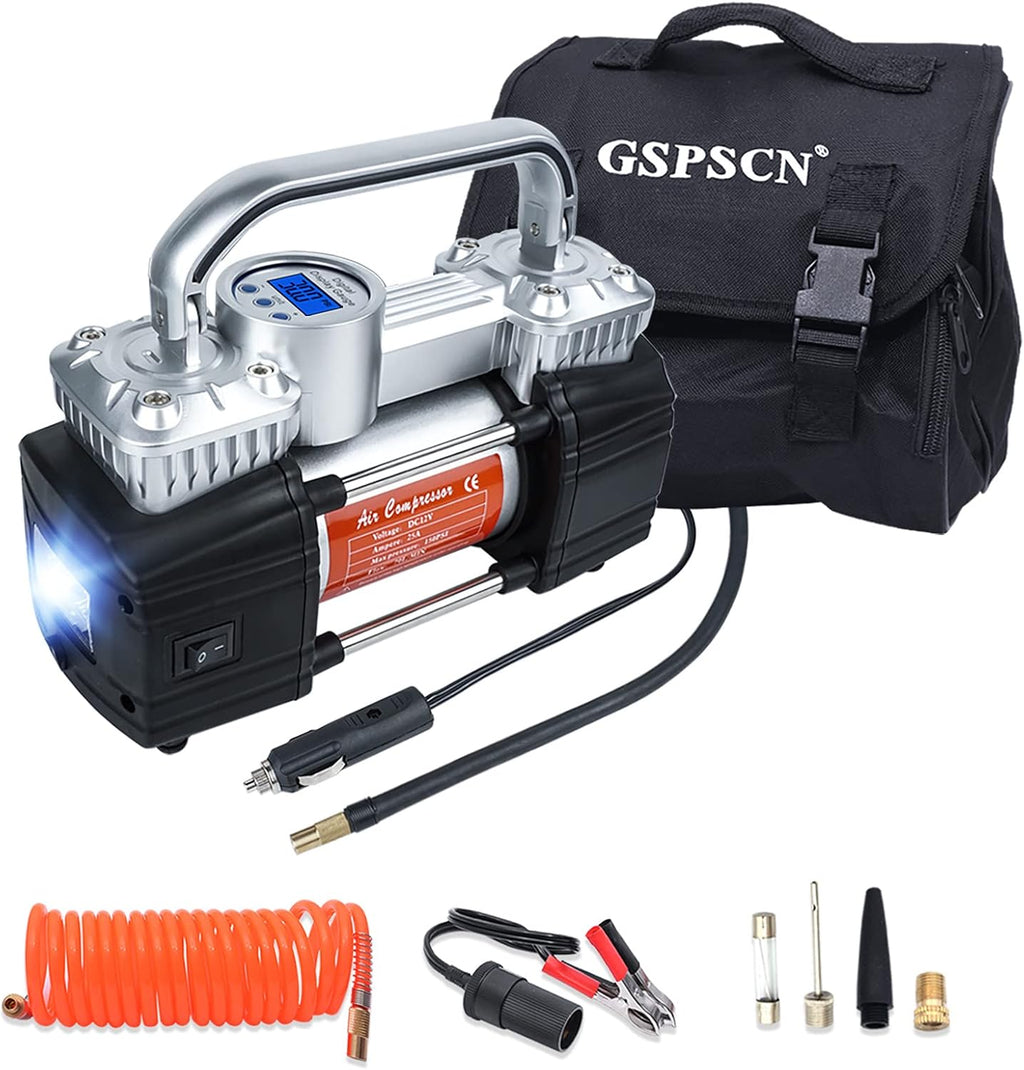 Portable Digital Car Tire Inflator 150Psi Auto Shut-Off Double Cylinders 12V Air Compressor Pump with LED Light (RED) S54281