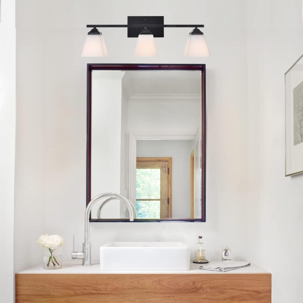 3 Light Black Bathroom Vanity Light Fixture with Opal White Glass Shade H6042