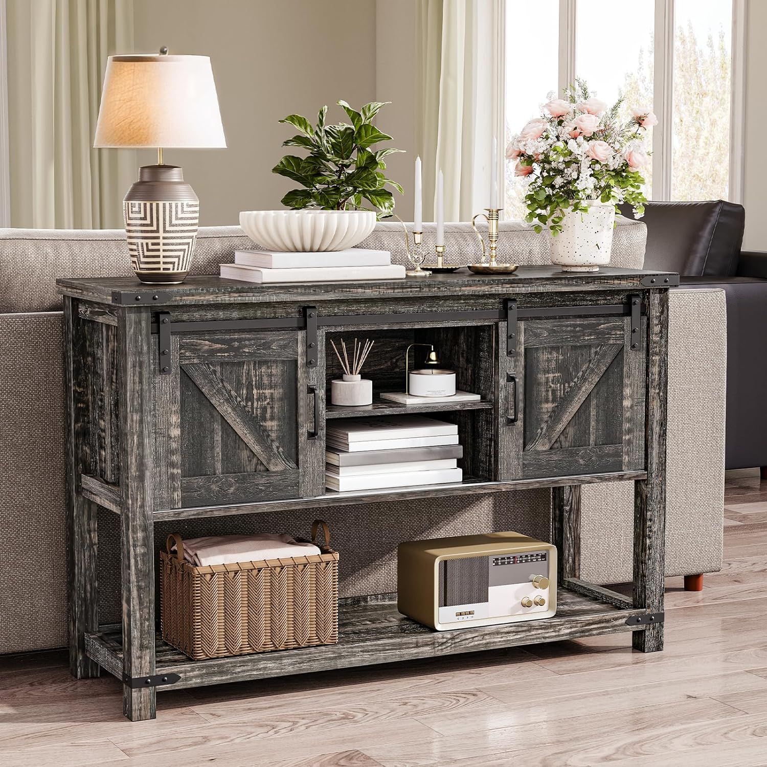 Vintage Gray Farmhouse Console Table with Sliding Barn Doors T17327