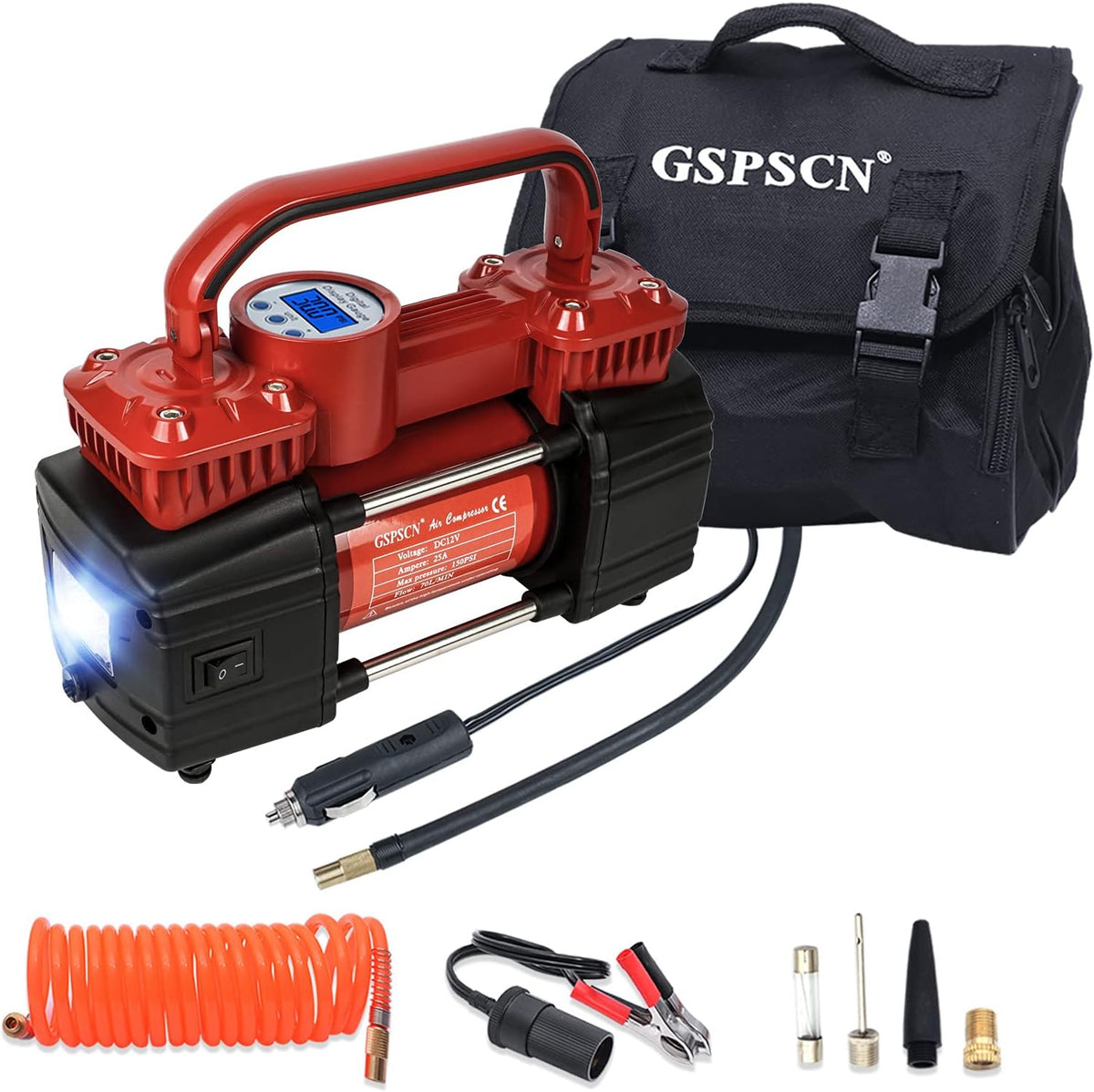 Portable Digital Car Tire Inflator 150Psi Auto Shut-Off Double Cylinders 12V Air Compressor Pump with LED Light (RED) S54281