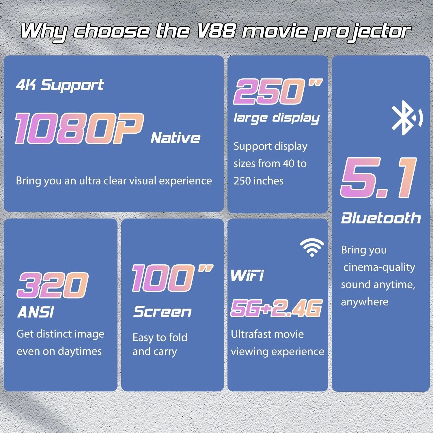 4K Supported Native 1080P Video Projector with 100" Screen R347