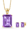 18K Yellow Gold Plated Silver Purple Amethyst and White Topaz Pendant and Earrings Jewelry Set V532