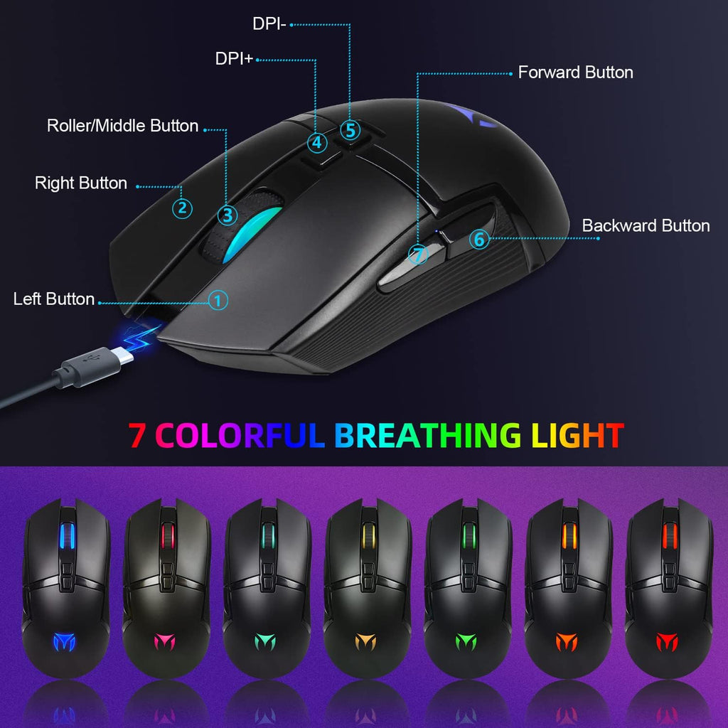 Wireless Gaming Keyboard and Mouse Combo, Rainbow Backlit Mechanical Feel, Anti-ghosting, Ergonomic Design, Tablet/Phone Bracket, Long Battery Life, Pack of 2 X6389