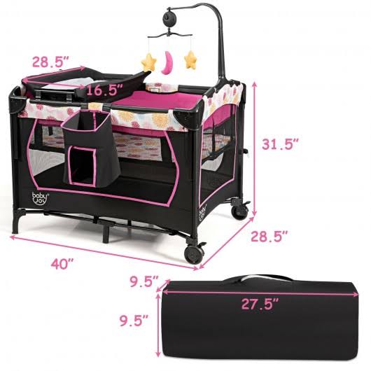 Pink Convertible Portable Baby Playard with Music Box Wheel and Brakes C84357