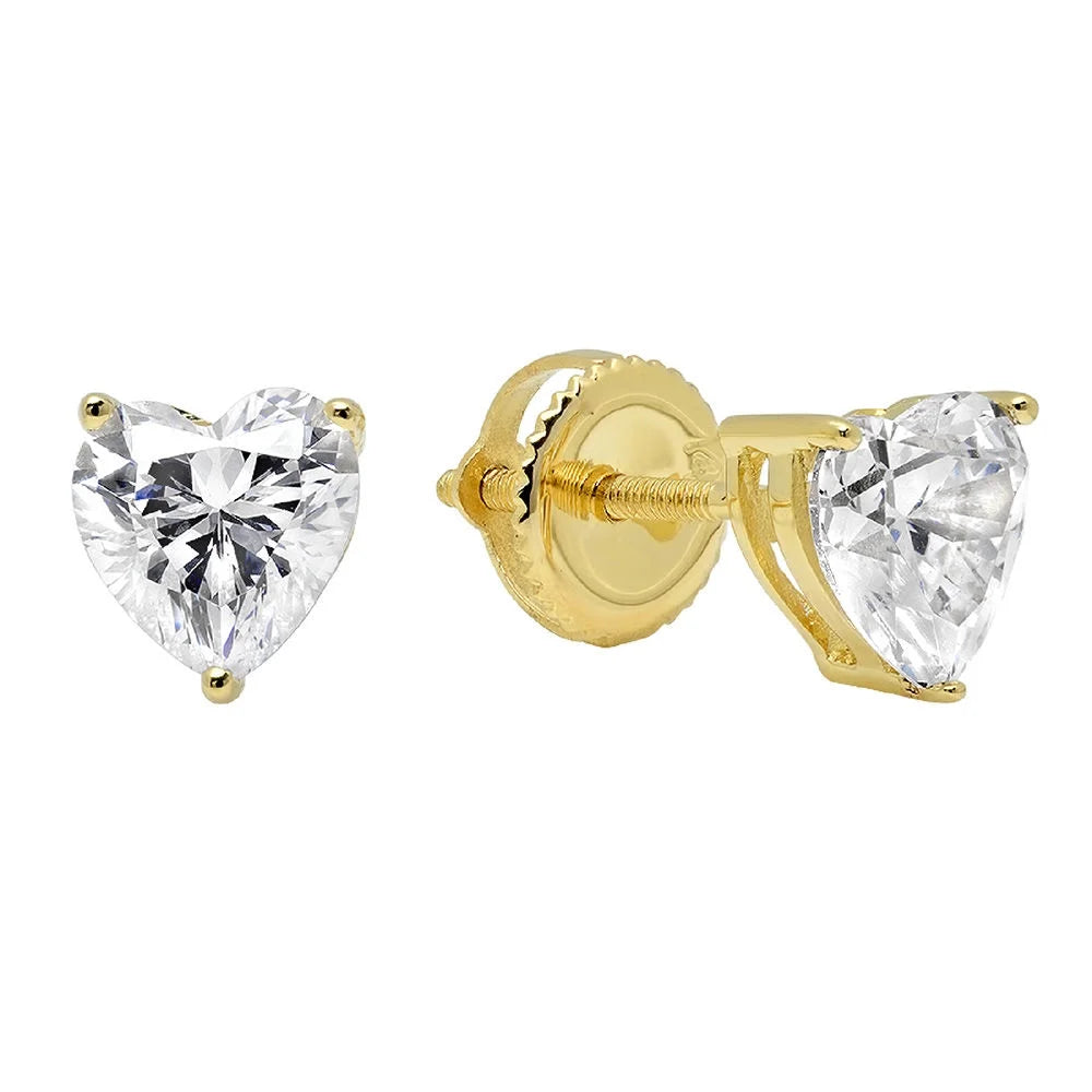 1 ct Heart Cut Blue Simulated Diamond Stud Earrings, Solid 18K Yellow Gold, Screw back J1436