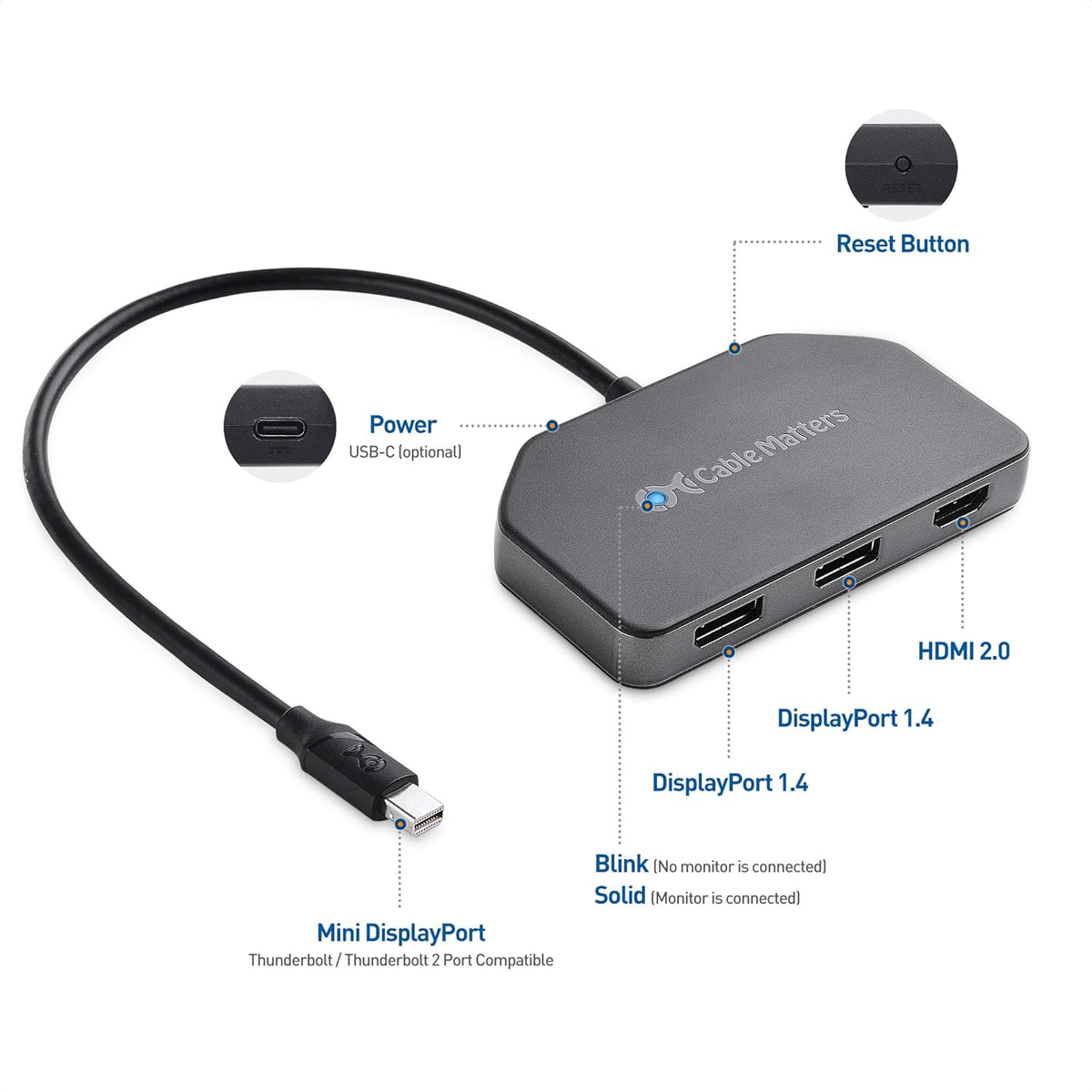 Triple 4K DisplayPort Splitter with 2X 8K DisplayPort 1.4 and 1x 4K HDMI V1809