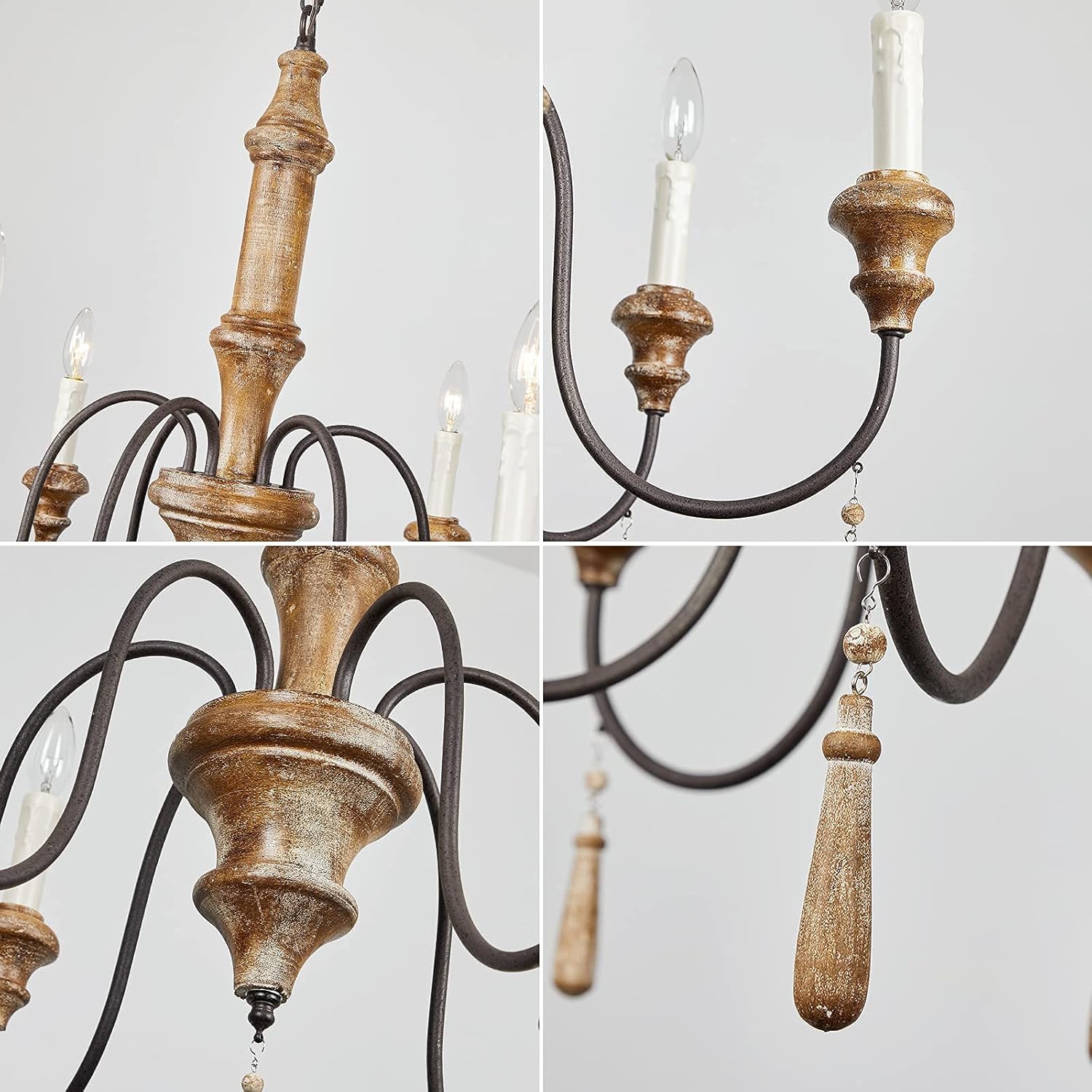 French Country 6-Lights Handmade White Distressed Wood Chandelier D215