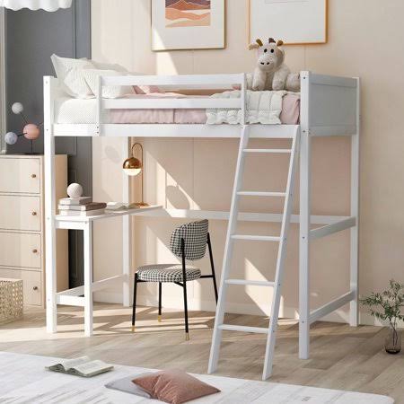 Twin Size Solid Wood Loft Bed with Safety Guardrails and Angled Ladder K80224