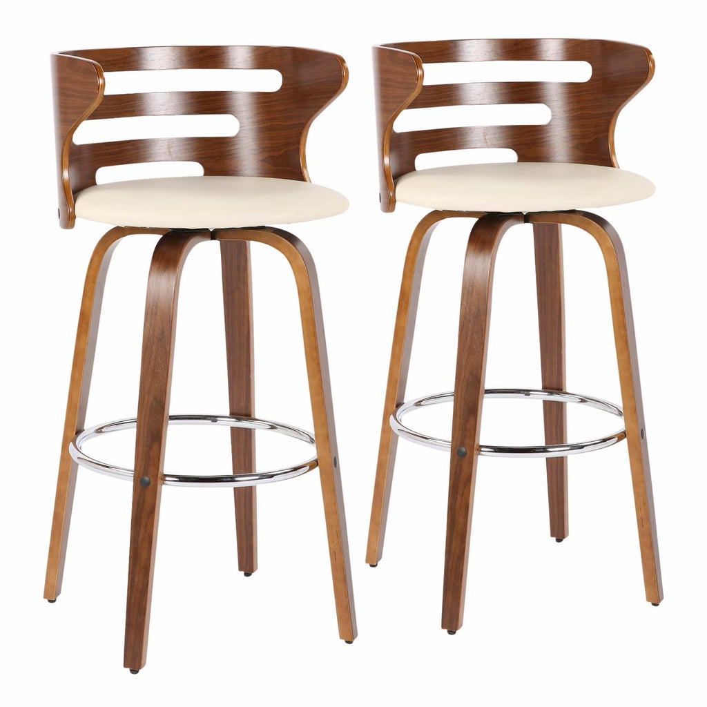 Set Of 2 Swivel Barstool In Walnut And Cream Faux Leather X141