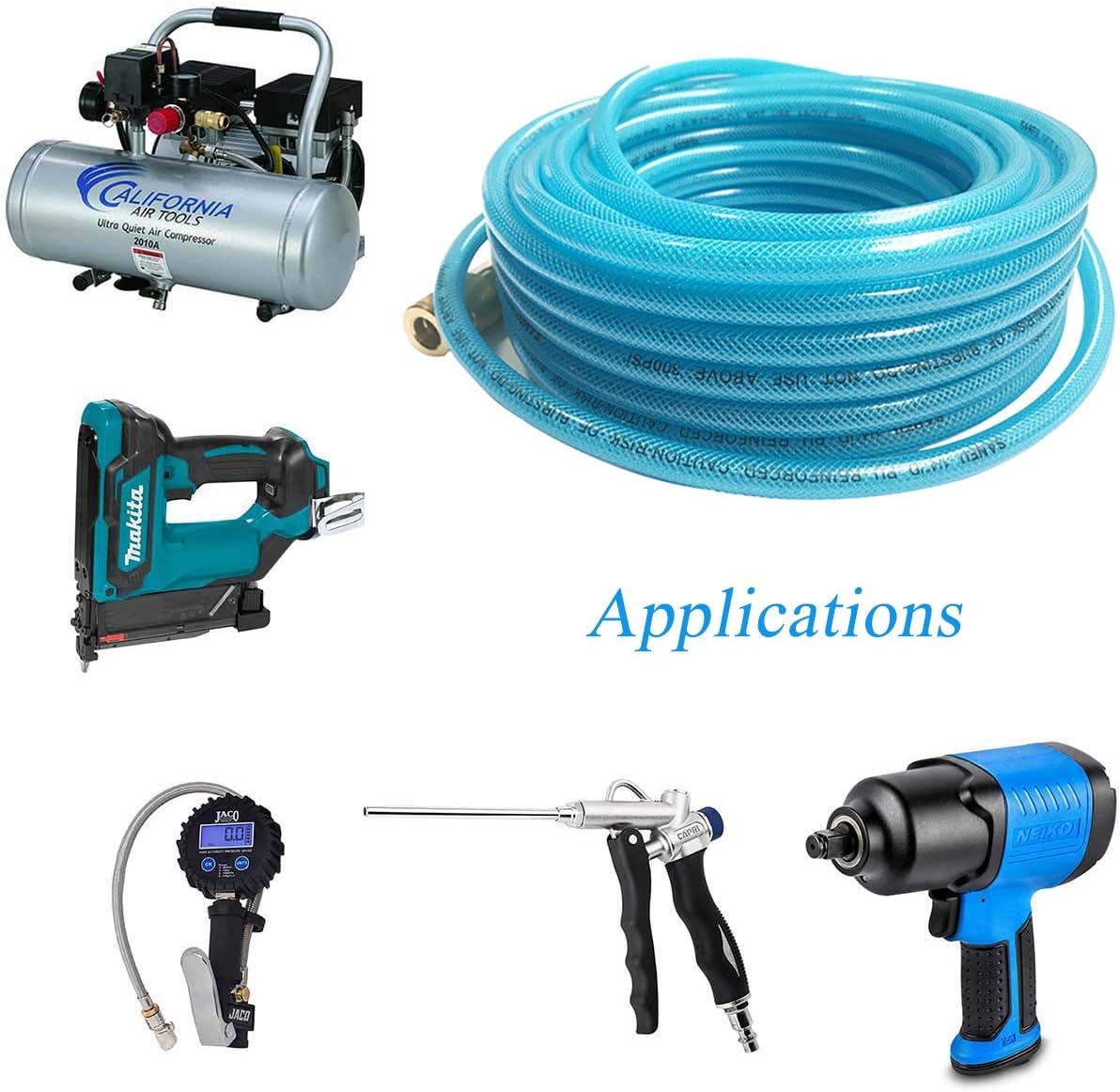 Transparent Blue 100ft Polyurethane Air Hose with 1/4" Swivel MNPT Solid Brass Quick Coupler and Plug, Pack of 2 Q5945