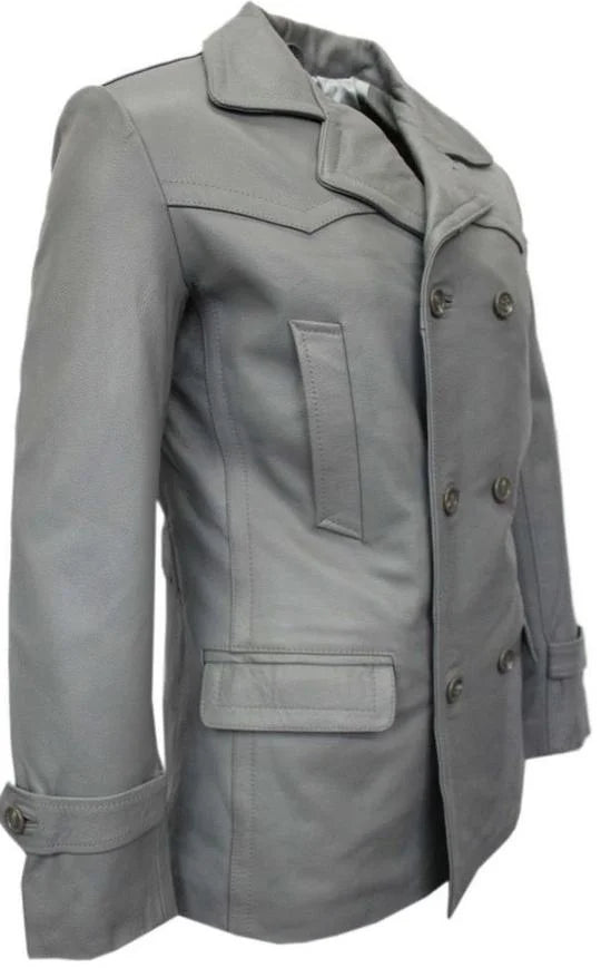 Grey Leather Pea Coat Blazer I62871