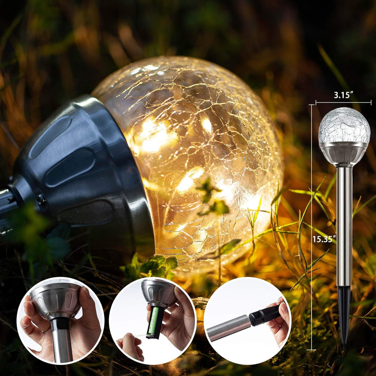 Cracked Glass Ball Lights Outdoor Garden Pathway Lights (3 Pack) A9404