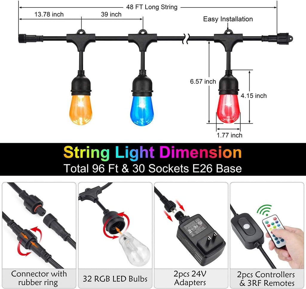 2-Pack 48FT Outdoor RGB String Lights with 30+5 E26 Shatterproof Edison Bulb Dimmable J90602