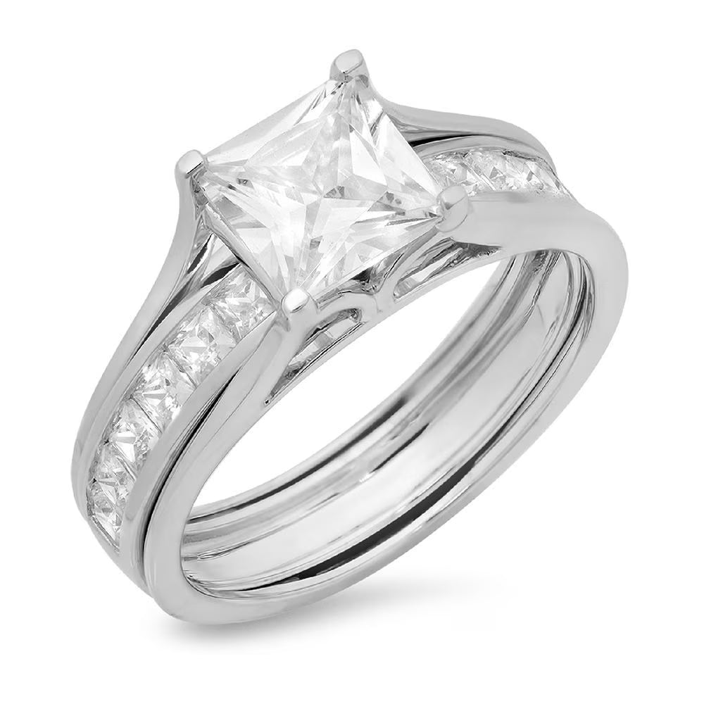 18K White Gold Princess Cut Diamond Bridal Set Ring size 3.5 B872638