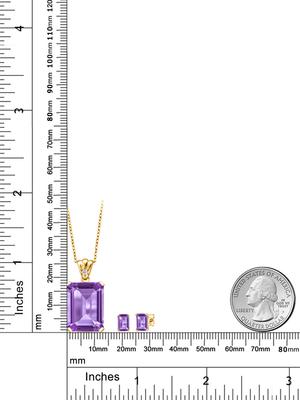18K Yellow Gold Plated Silver Purple Amethyst and White Topaz Pendant and Earrings Jewelry Set V532