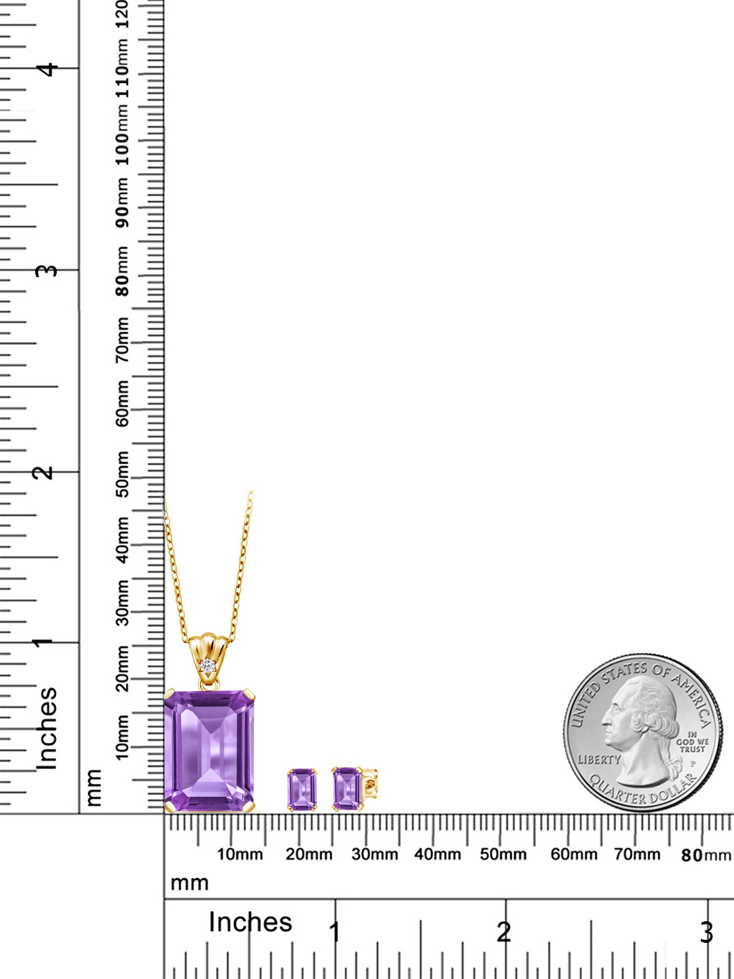 18K Yellow Gold Plated Silver Purple Amethyst and White Topaz Pendant and Earrings Jewelry Set V532