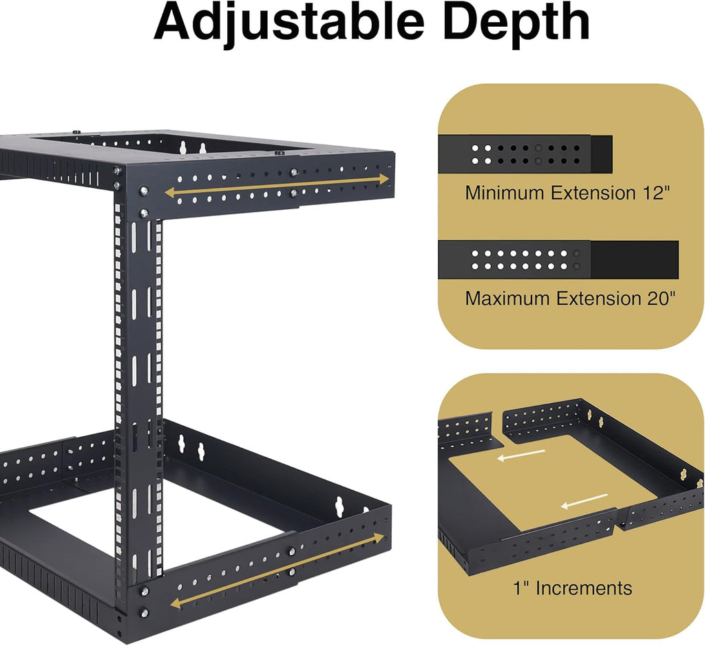 15U Wall-Mount Open Frame Server and Network Equipment Rack with Adjustable Depth 12"-20" D360