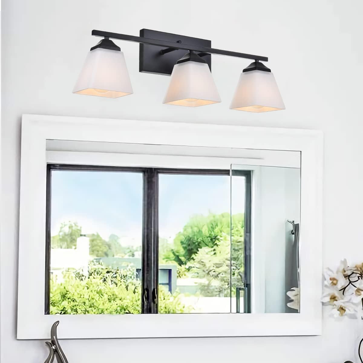 3 Light Black Bathroom Vanity Light Fixture with Opal White Glass Shade H6042