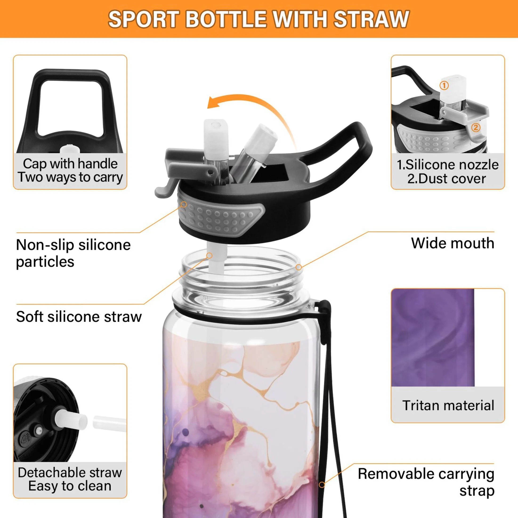 Purple and Blue Marble 32oz Tritan Leakproof Water Bottle with Straw A594