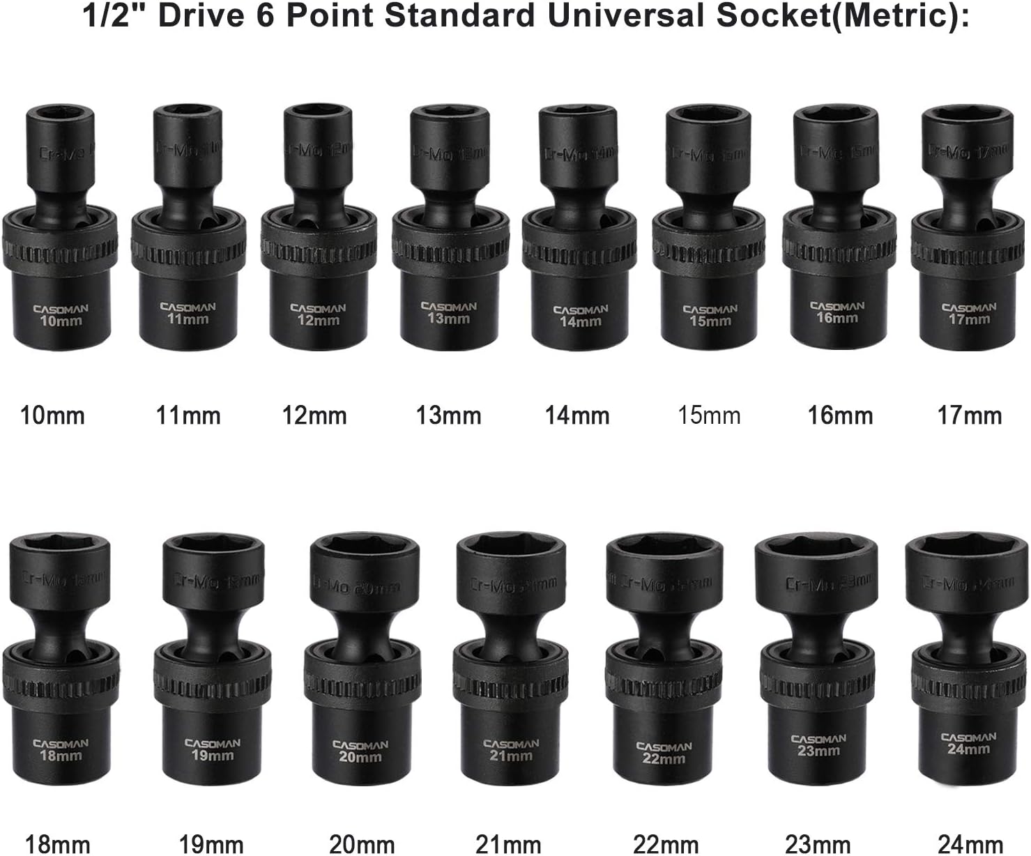 15 PCS 1/2 Drive Shallow Universal Impact Socket Set, 6 Point, Metric, 10-24mm P73239