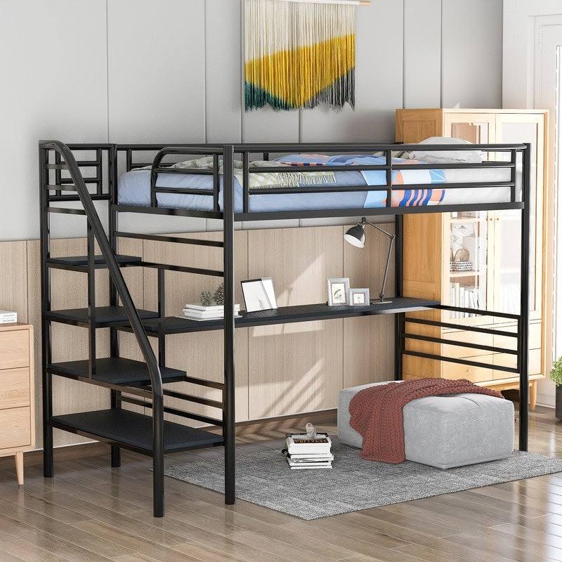 Black Twin Metal Loft Bed Frame with Desk R29124