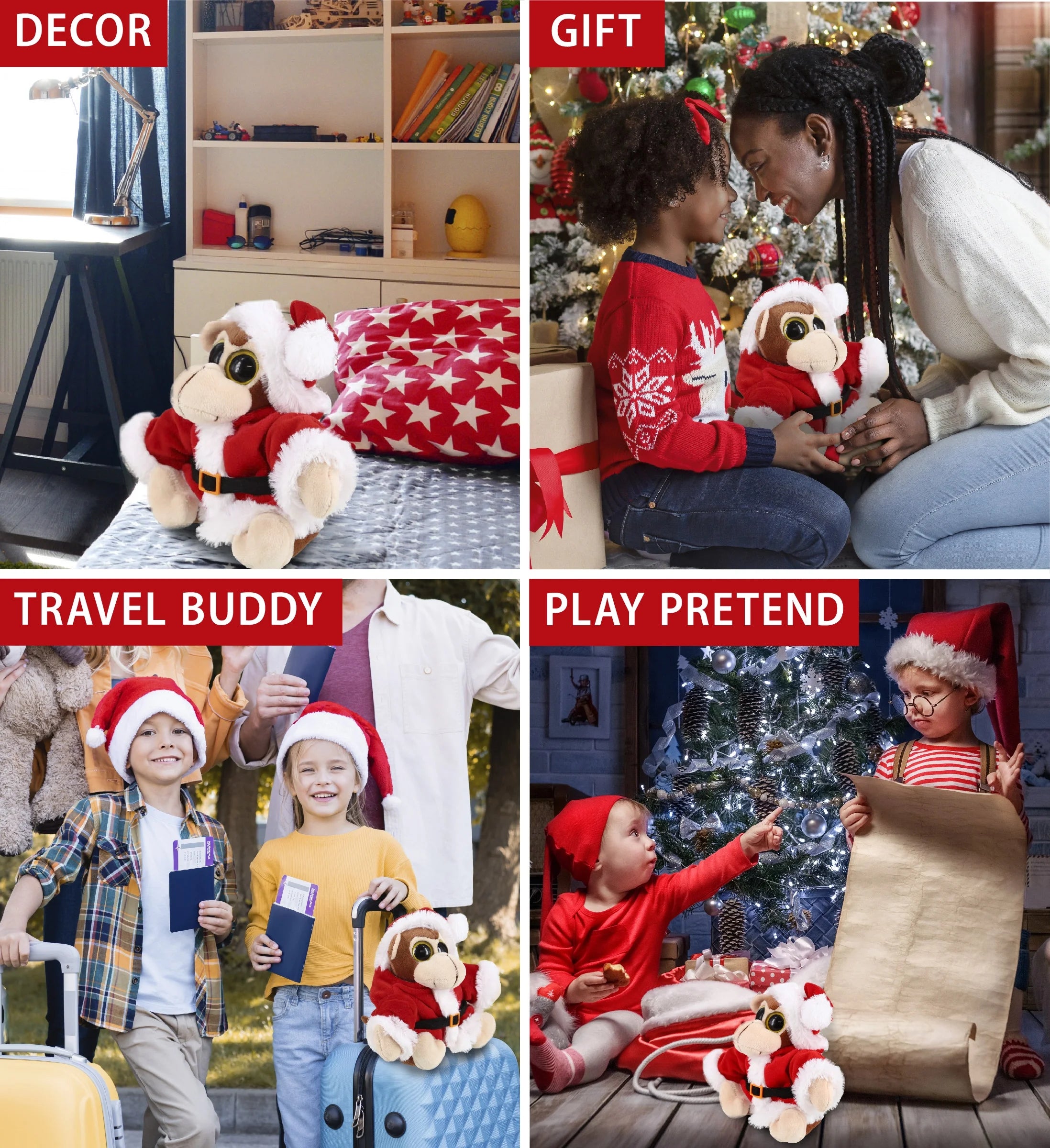 Santa Big Eye Monkey Stuffed Animal Plush Toy, 6 Inches M8527